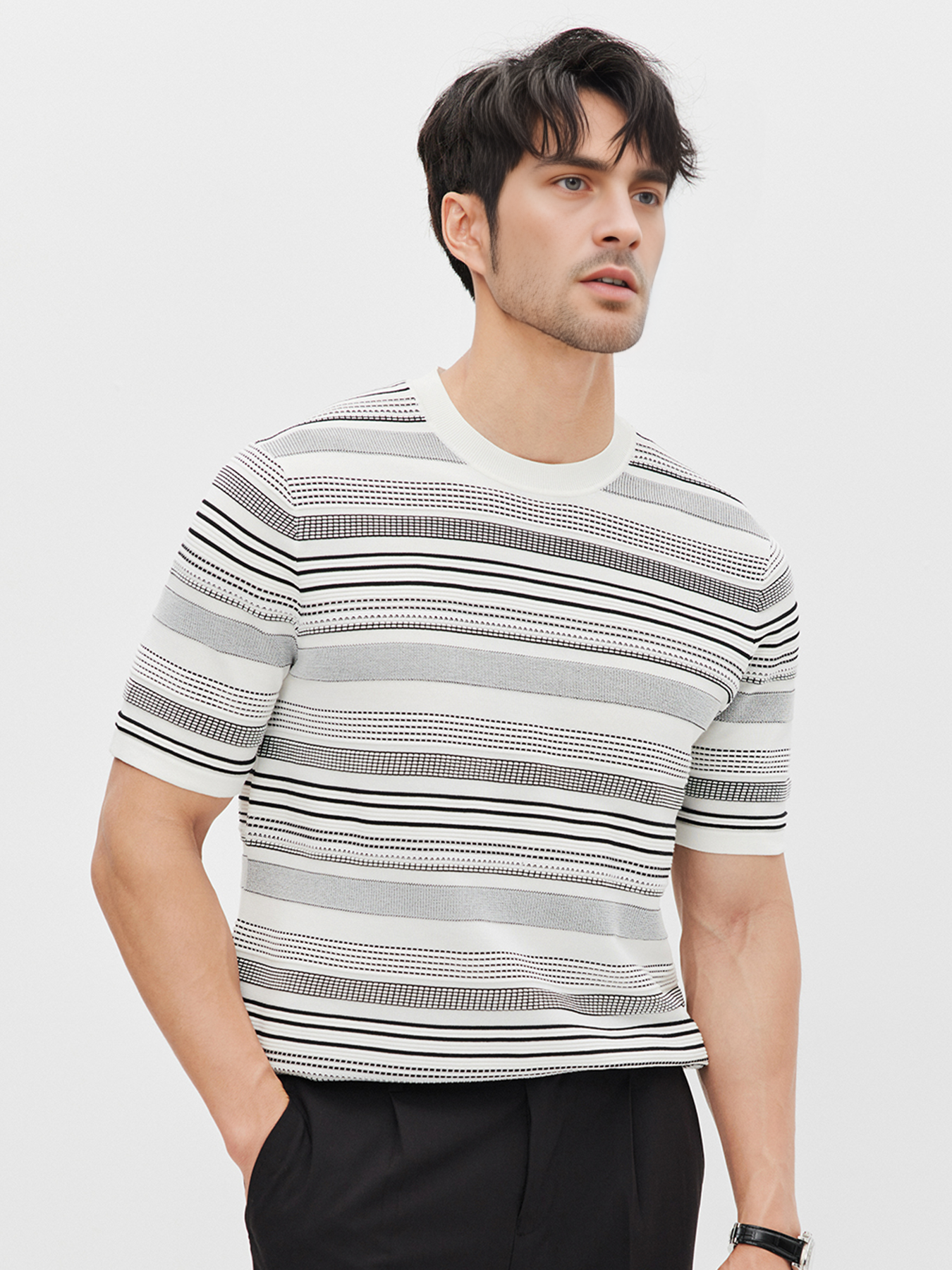 CoolKnit Breathable Striped Short Sleeve Knitted T-Shirt