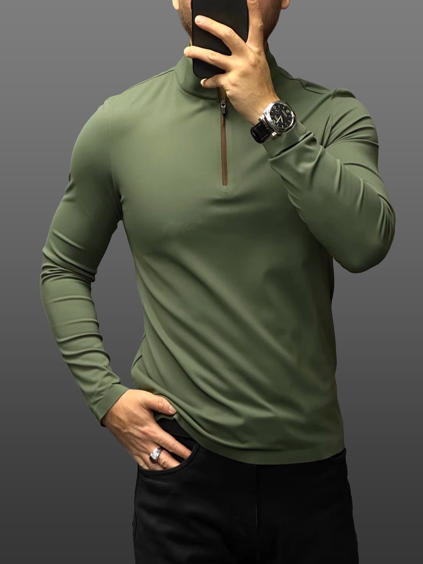 SmoothBlend Slim Fit Half Zip Mock Neck Tee:Zip Contrast Color