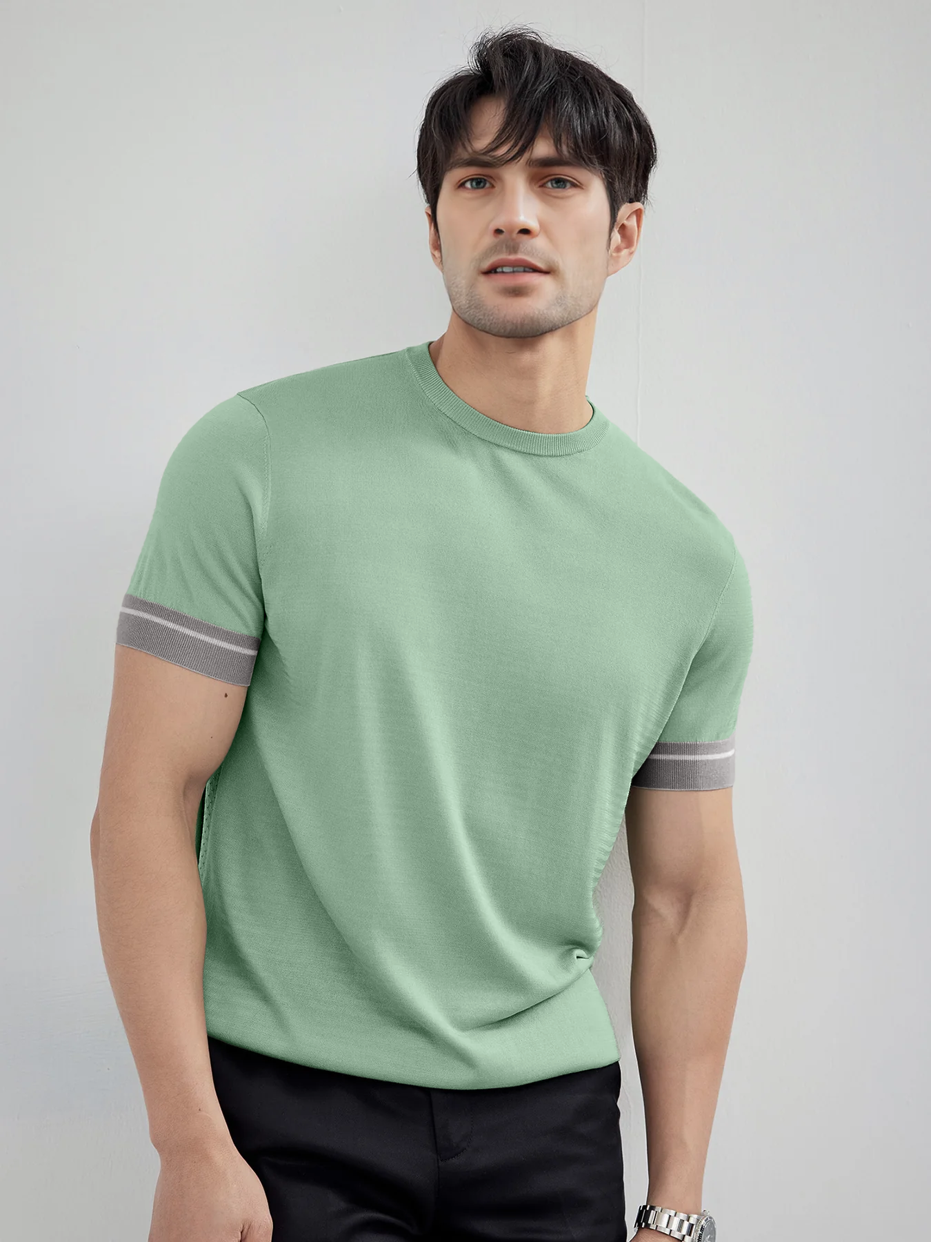 CoolKnit Color Blocked Cuffs Short Sleeve Knitted T-Shirt