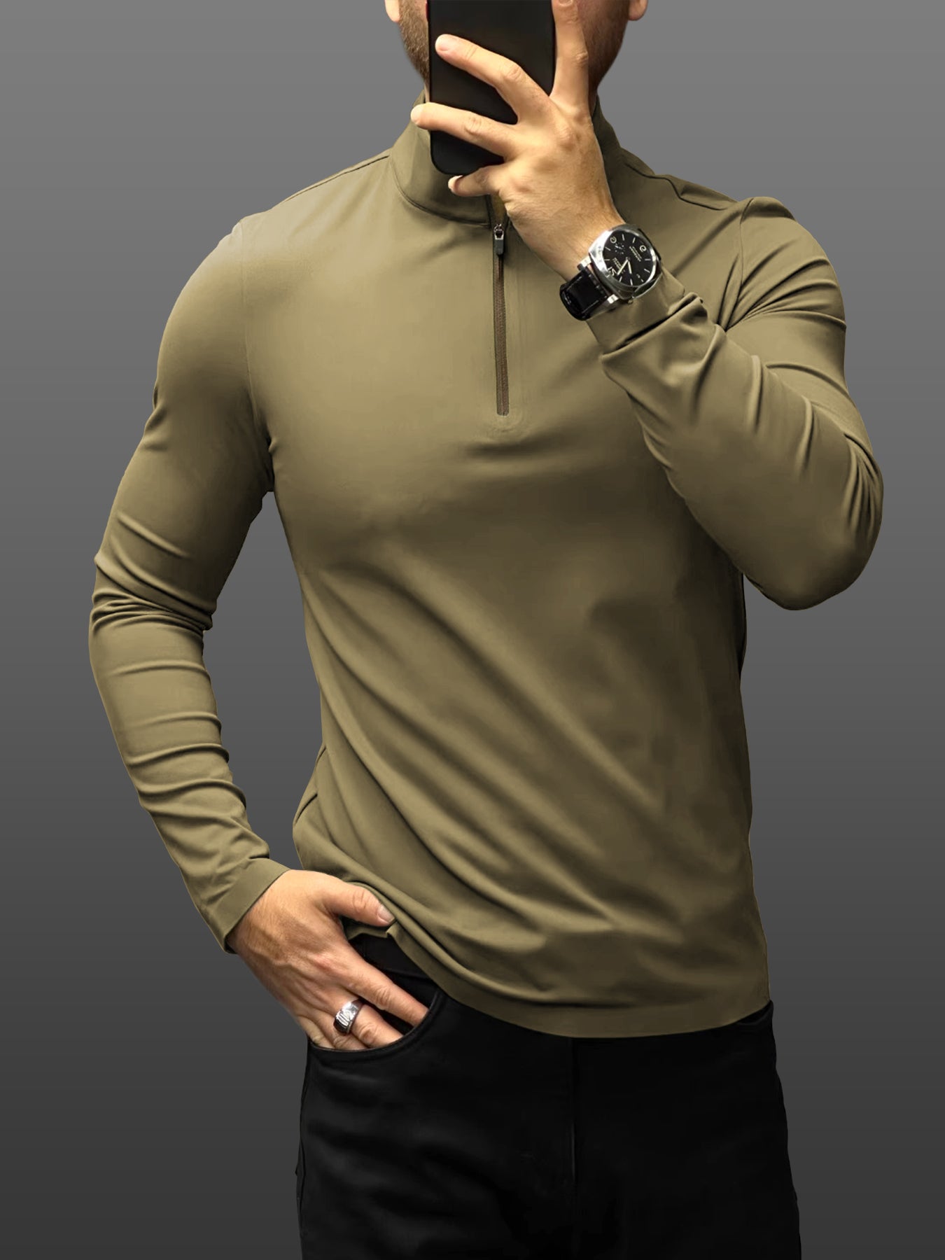 SmoothBlend Slim Fit Half Zip Mock Neck Tee:Zip Contrast Color