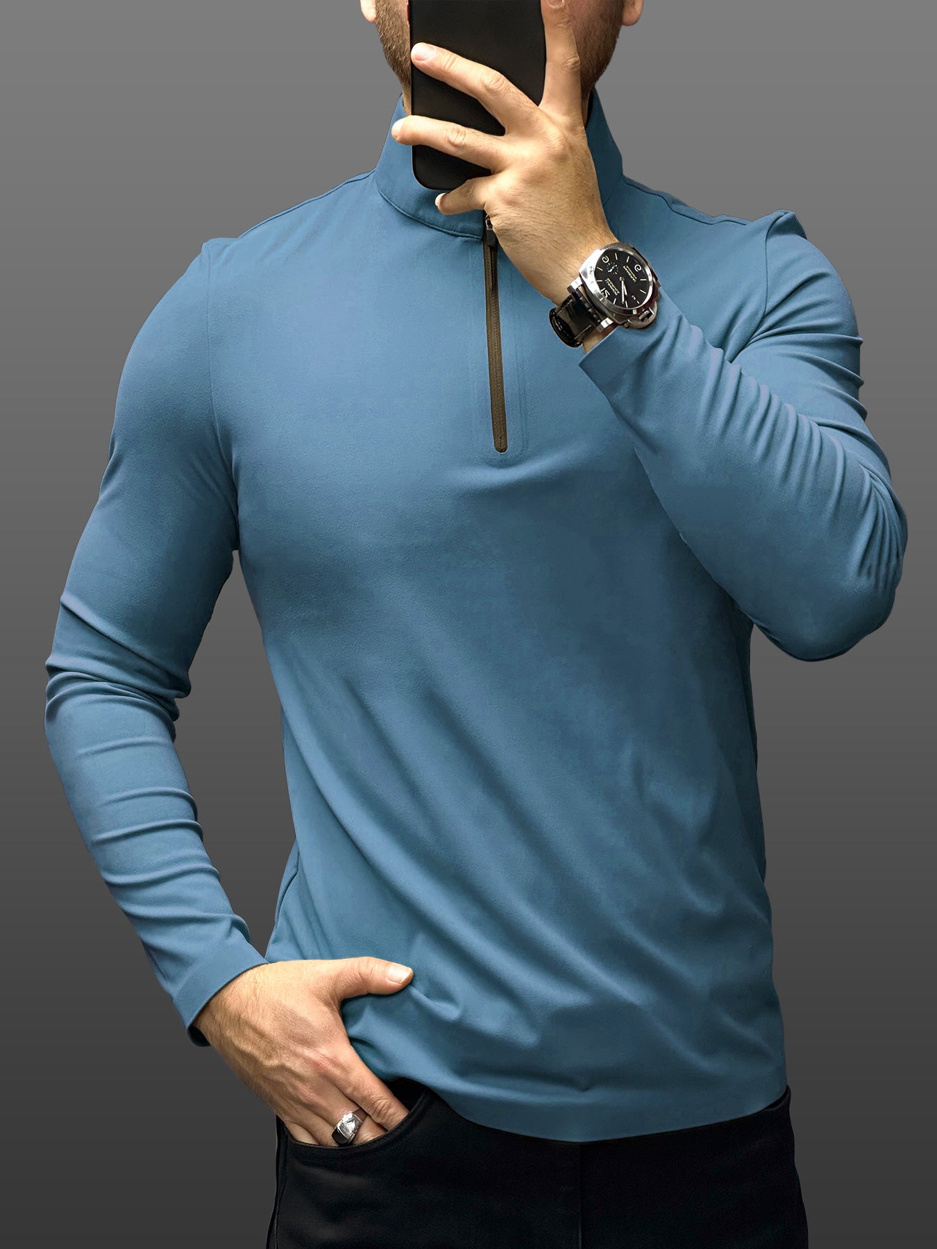 SmoothBlend Slim Fit Half Zip Mock Neck Tee: Zip Contrast Color