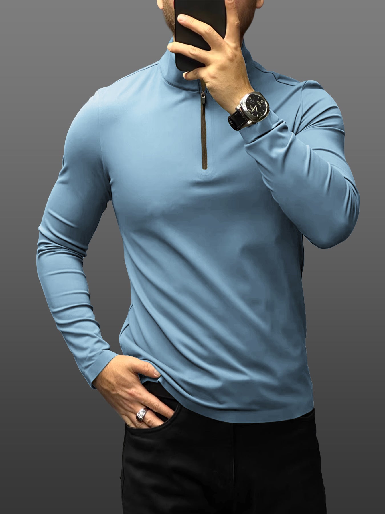 SmoothBlend Slim Fit Half Zip Mock Neck Tee: Zip Contrast Color