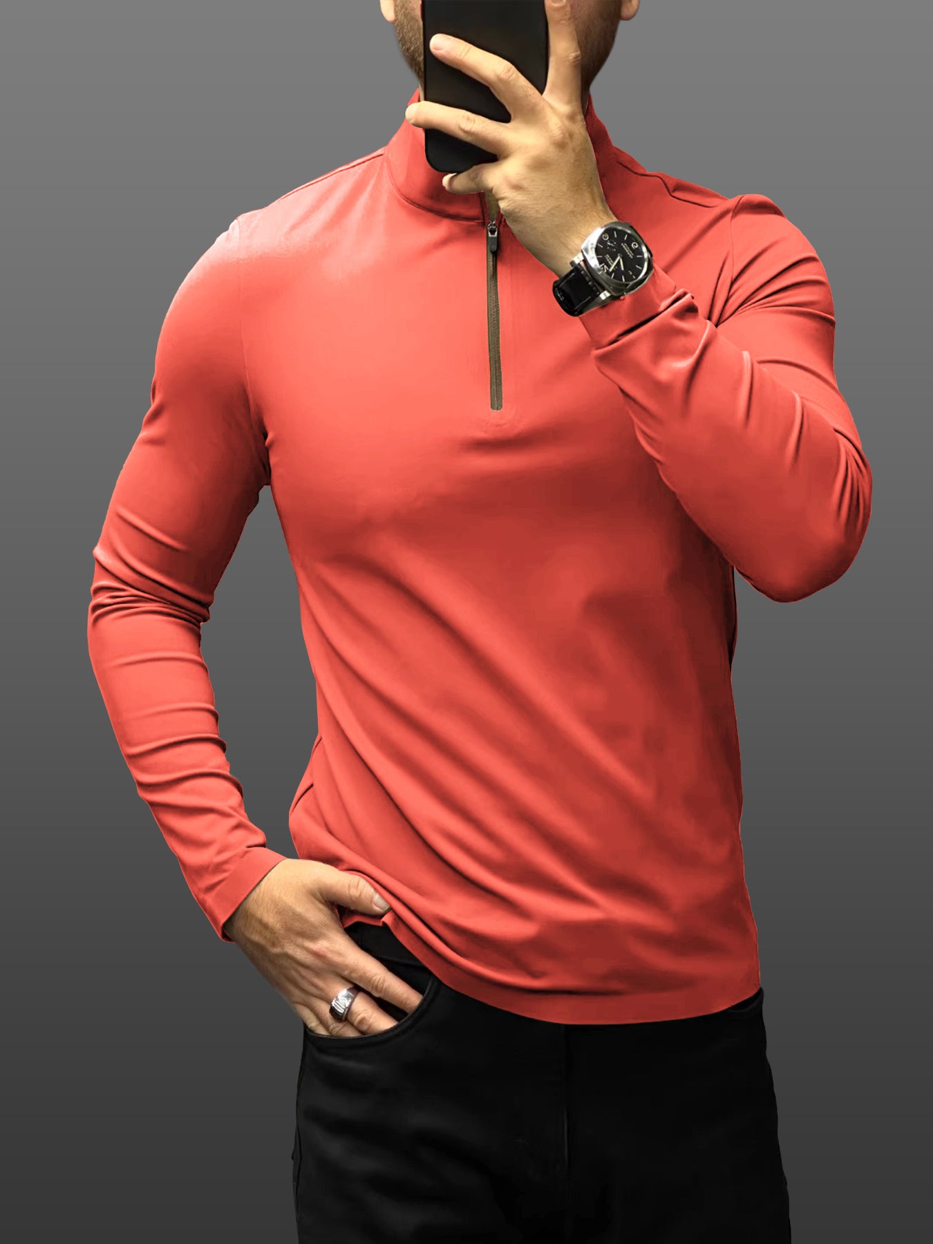 SmoothBlend Slim Fit Half Zip Mock Neck Tee:Zip Contrast Color