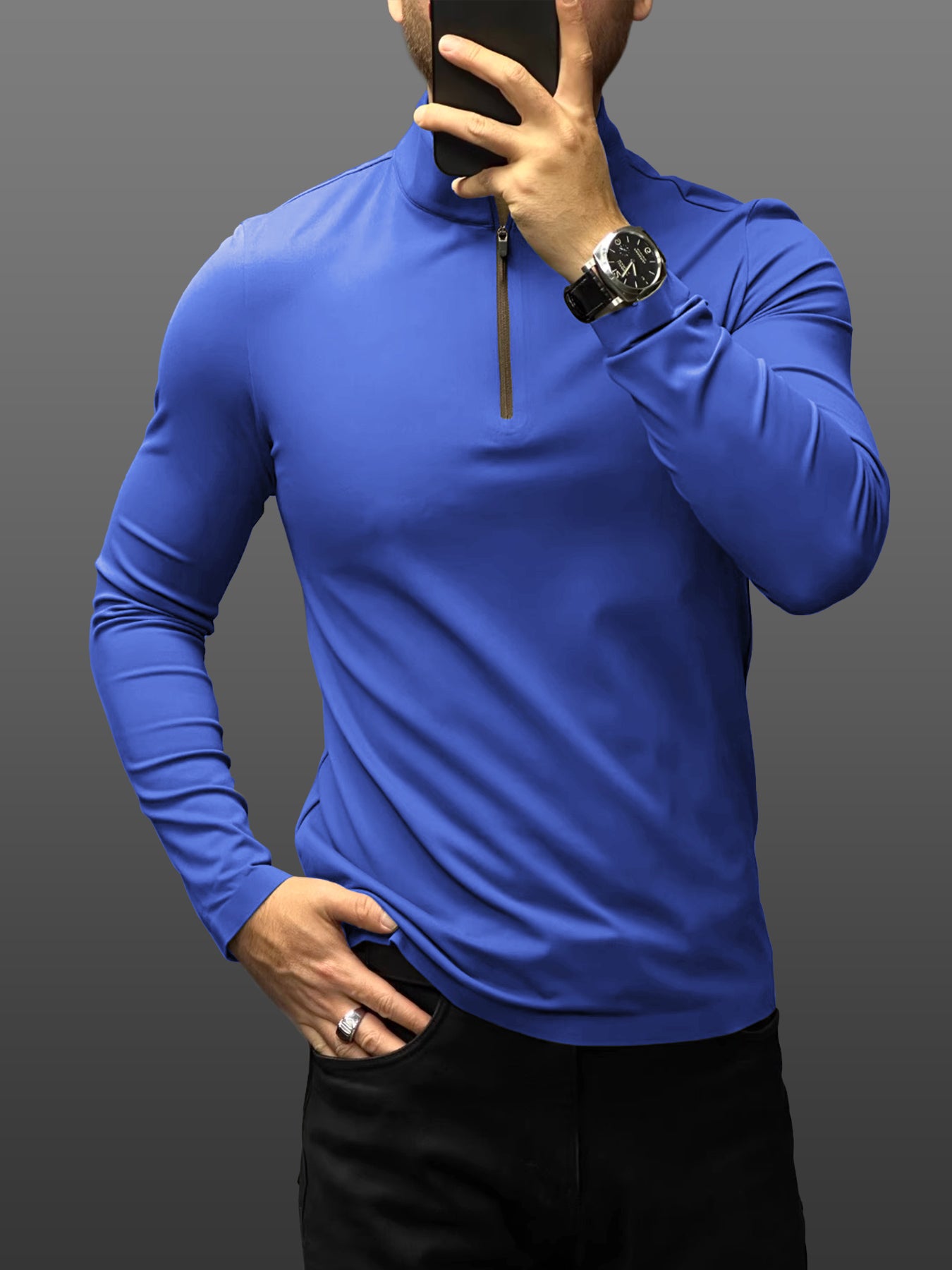 SmoothBlend Slim Fit Half Zip Mock Neck Tee:Zip Contrast Color